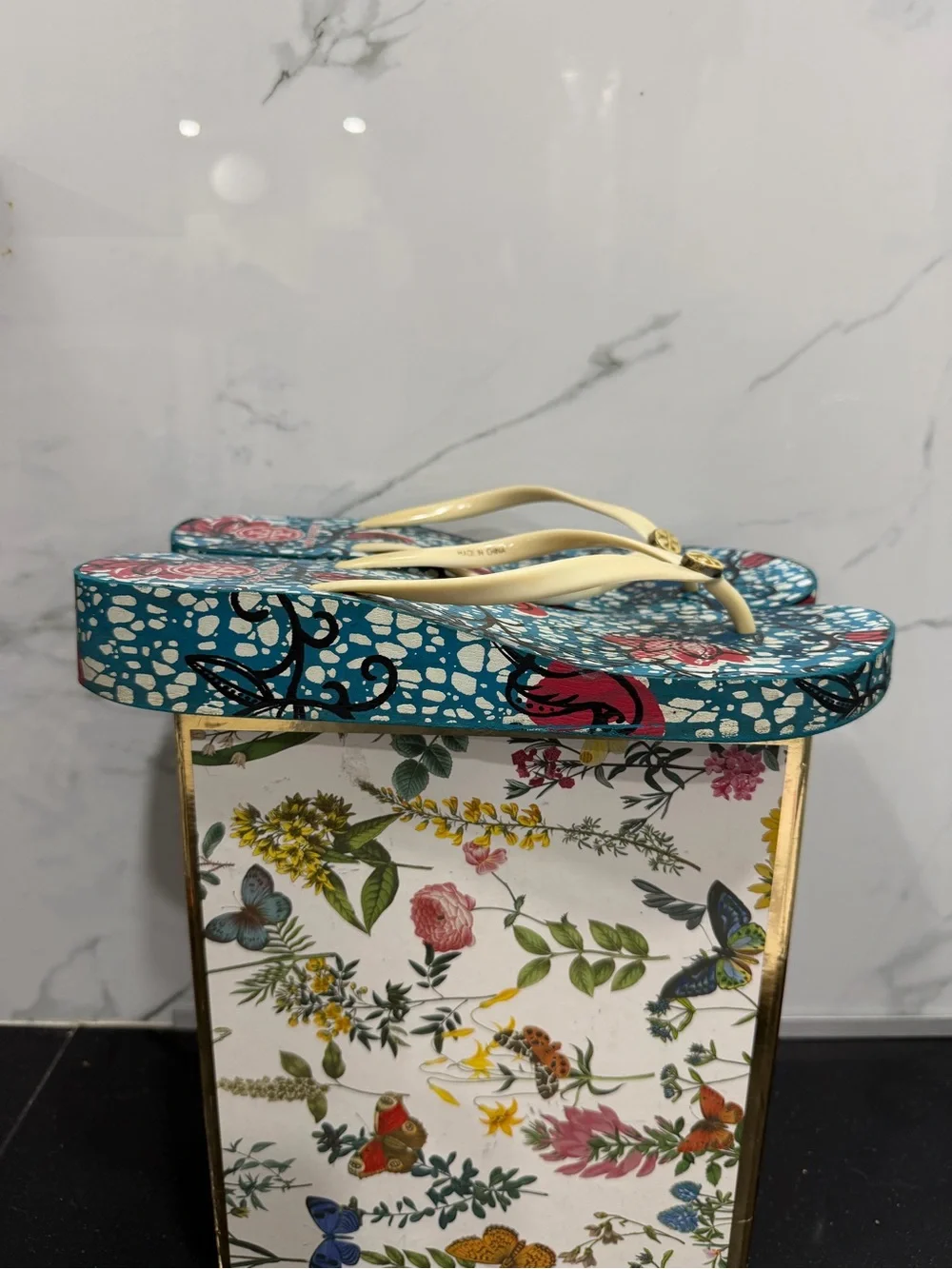 Tory Burch Teal Floral Flip Flops with Cream Straps